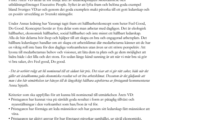 Anna Spjuth, VD på Yasuragi är nominerad till Årets VD 2014