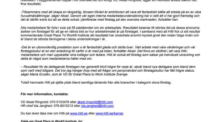 Hilti är byggbranschens bästa arbetsplats!