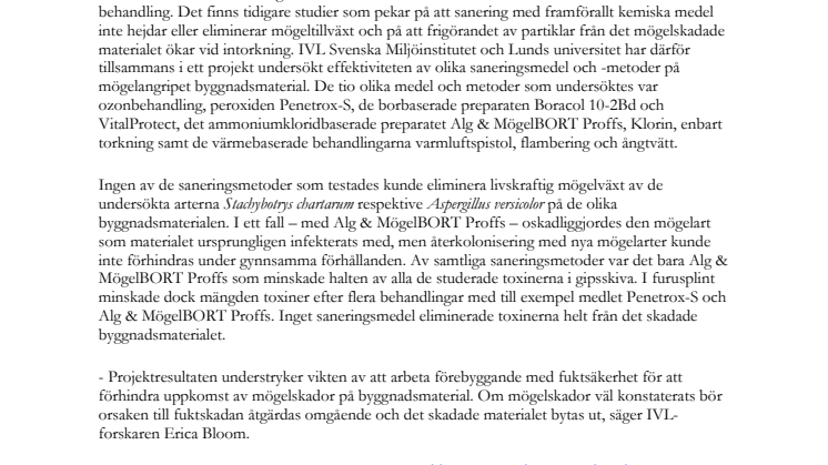 Kemiska saneringsmedel overksamma mot mögelgifter