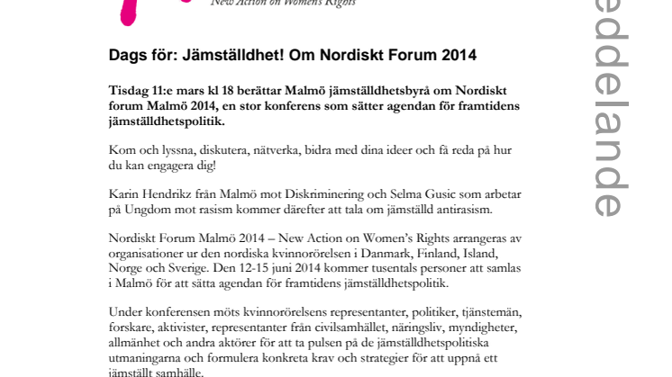 Stadsbiblioteket i Malmö: Dags för – Jämställdhet! Om Nordiskt Forum 2014 
