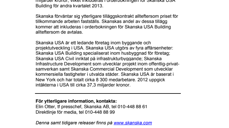 Skanska skriver tilläggskontrakt för bygge av FoU-anläggning i USA, värt cirka 4,3 miljarder kronor 