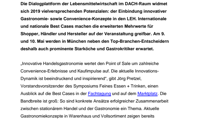 Gastronomie-Konzepte der Zukunft: Symposium Feines Essen + Trinken zeigt innovative Potenziale für den Lebensmitteleinzelhandel 