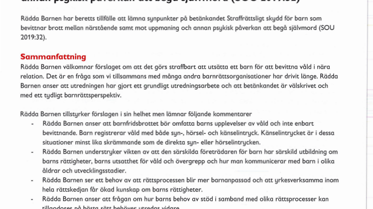 Rädda Barnens remisssvar i sin helhet