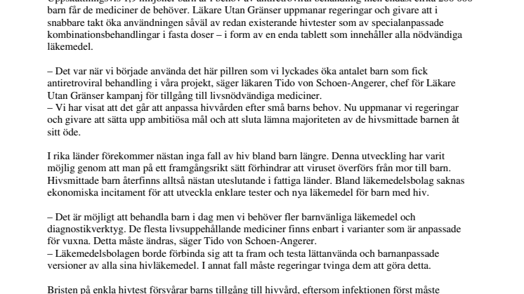 Nio av tio barn nekas livräddande hiv/aidsbehandling
