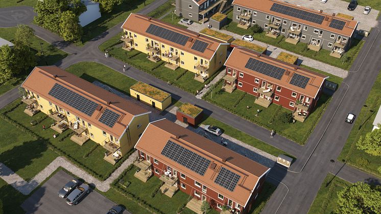 Översiktsillustration av det nya kvarteret BoKlok Sörgården i Åkersberga. På taken syns solceller - standard på alla lägenhetsprojekt från BoKlok. 