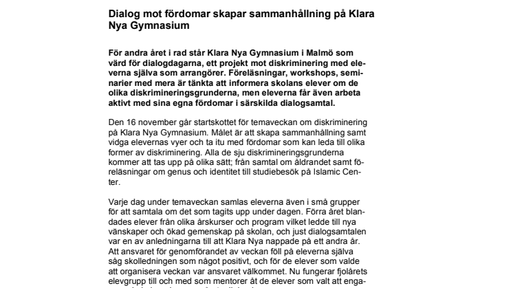 Dialog mot fördomar skapar sammanhållning på Klara Nya Gymnasium