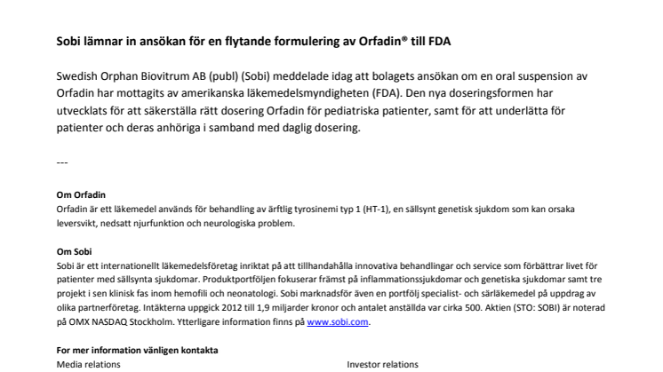 Sobi lämnar in ansökan för en flytande formulering av Orfadin® till FDA