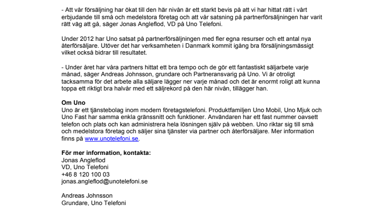 Nytt försäljningsrekord för Uno Telefoni