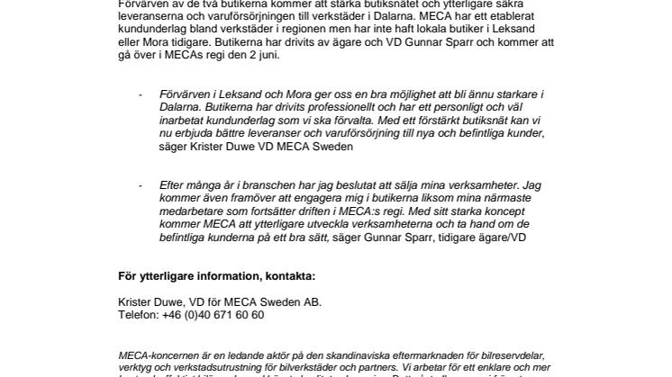 MECA stärker sitt butiksnät genom förvärv i Leksand och Mora
