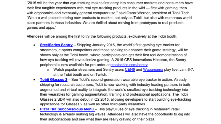Tobii Declares 2015 ‘Year of Consumer Eye Tracking’ at International CES 