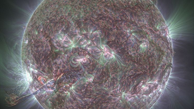 Solar storms occur when highly-charged particles and plasma erupt from the Sun’s corona. Photo credit: NASA/SDO, with image processing by Dr Huw Morgan, Aberystwyth University.