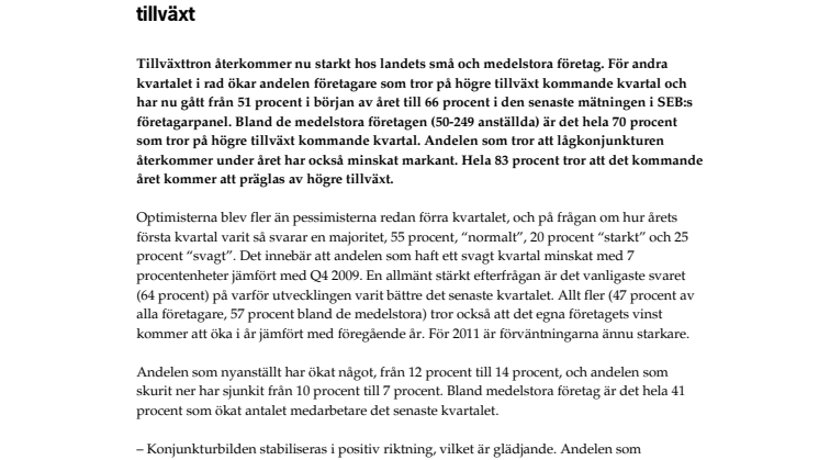 SEB:s Företagarpanel om konjunkturen och tillväxtplanerna