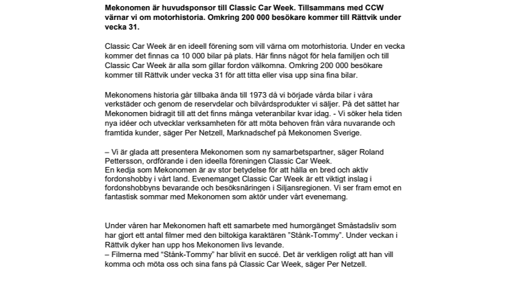 Mekonomen är partner till Classic Car Week