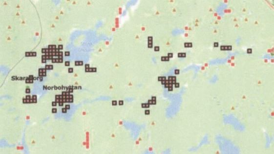 De svarta markeringarna visar planerad fiberutbyggnad i Silvbergsområdet.