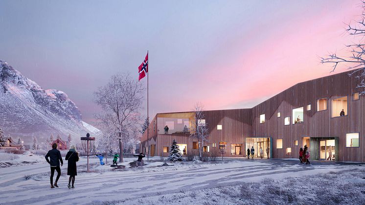 LINK Arkitektur og Peyma Entreprenør skal nå realisere denne perlen av et skolebygg i Lofoten. Illustrasjon: LINK Arkitektur. 