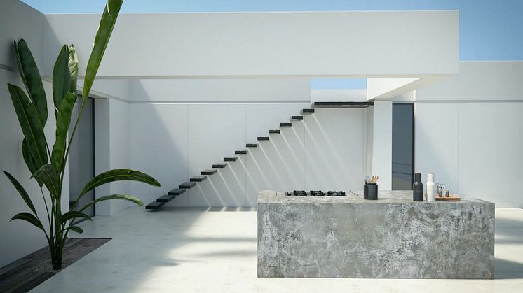 Drømmeutekjøkken i Dekton så langt øyet ser. Vegger i Dekton Zenith, gulv i Dekton Nilium og utekjøkken i Dekton Orix.
