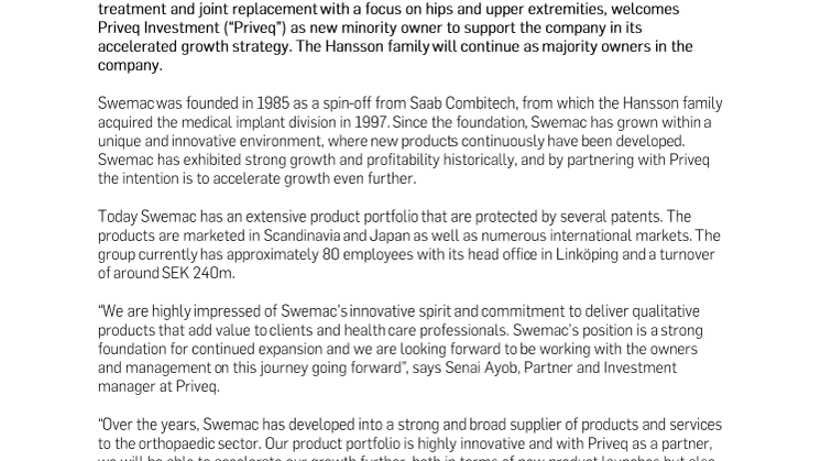Priveq - new growth partner to Swemac