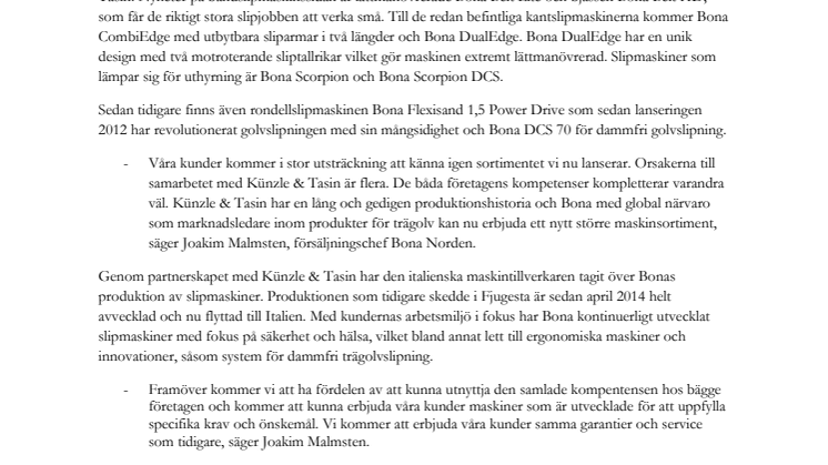 Bona utökar sitt maskinsortiment genom strategiskt samarbete med Künzle & Tasin
