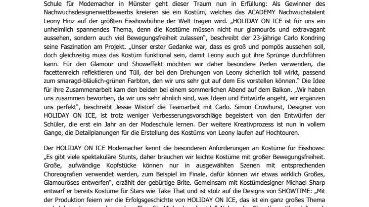 Münsteraner Nachwuchsdesigner kreieren Kostüm für HOLIDAY ON ICE ACADEMY
