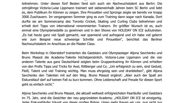 HOLIDAY ON ICE ACADEMY: Berliner Nachwuchstalent trainiert mit den Idolen Aljona Savchenko und Bruno Massot  