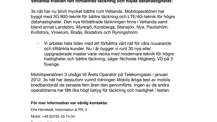 3 har byggt ut nätet i Vetlanda