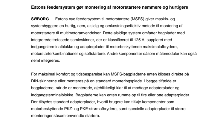Eatons feedersystem gør montering af motorstartere nemmere og hurtigere