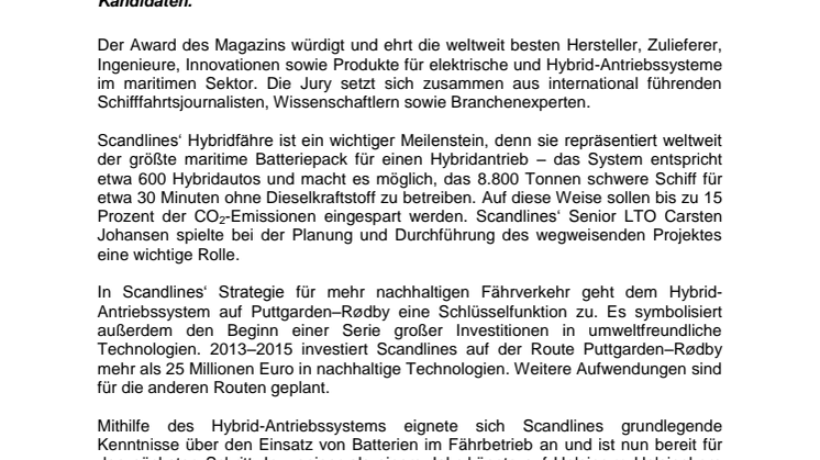Hybrid-Antriebssystem von Scandlines erneut ausgezeichnet