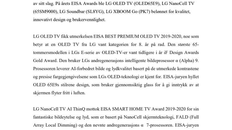 LGs nyeste innovasjoner innen TV og lyd belønnes med flere   priser under årets EISA Awards 