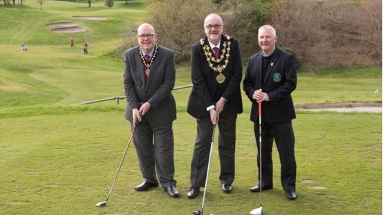 At the mayoral charity golf event are (from left) Ian Hargreaves, the mayor’s consort; Cllr Mike Connolly, the Mayor of Bury; and Andy McCreavy, club captain of Stand Golf Club.