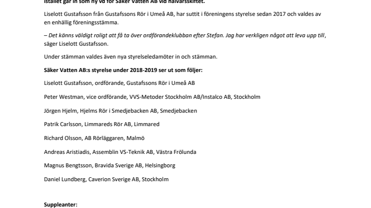 Ny ordförande till Säker Vattens styrelse