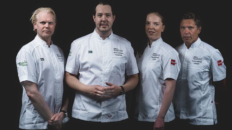 Bocuse d'Or Sweden. Coach Martin Brag, kandidat Jimmi Eriksson, commis Thilda Mårtensson, president Tommy Myllymäki