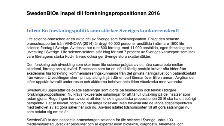 SwedenBIOs inspel till forskningspropositionen 2016