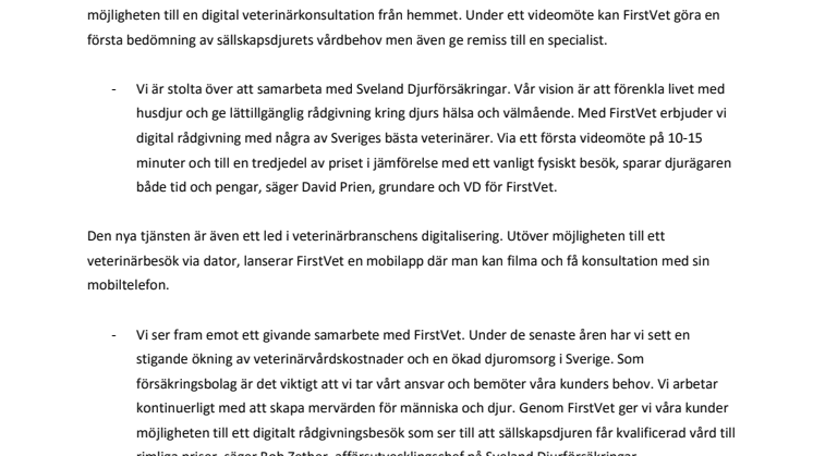 Sveland Djurförsäkringar inleder samarbete med FirstVet 