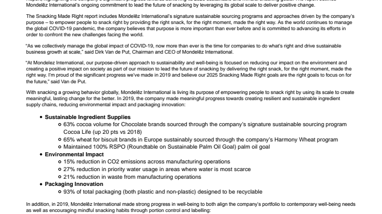 Mondelēz International „Snacking Made Right”-Report belegt große Fortschritte bei Erreichung der Nachhaltigkeitsziele