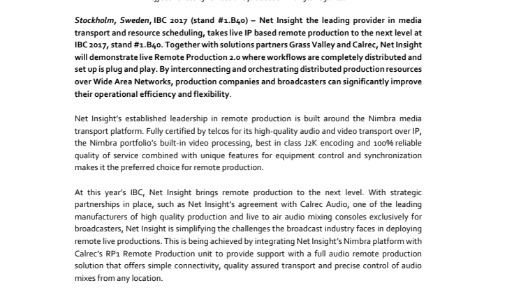 Net Insight, Calrec and Grass Valley bring Remote Production  to the next level