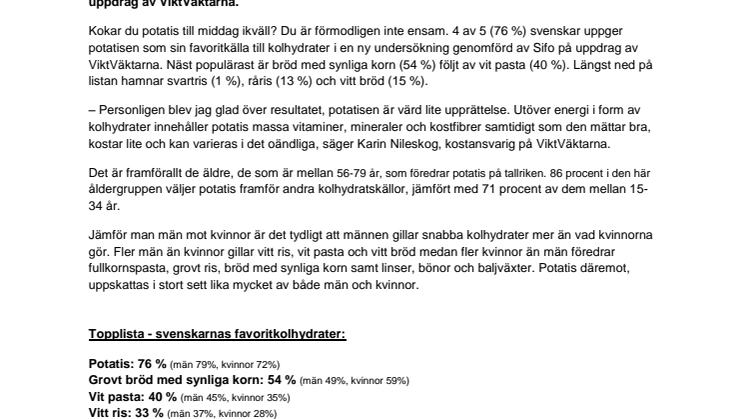4 av 5 hyllar potatisen som kolhydratfavorit