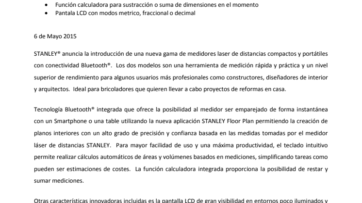 La forma más rápida y precisa de hacer planos:  STANLEY® lanza una nueva gama de medidores láser de distancias con conectividad Bluetooth®