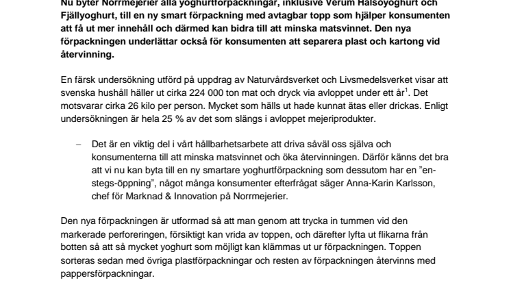 Norrmejeriers yoghurt får ny förpackning - smart avtagbar topp förenklar återvinning och kan minska matsvinn