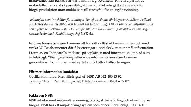 Informationssatsning för bättre sortering av matavfallet i Båstad kommun