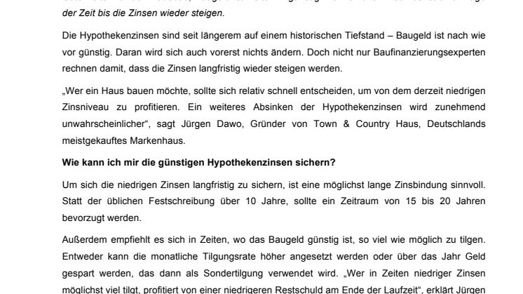Hausbau-Tipp: Jetzt die niedrigen Zinsen bei der Baufinanzierung sichern! 