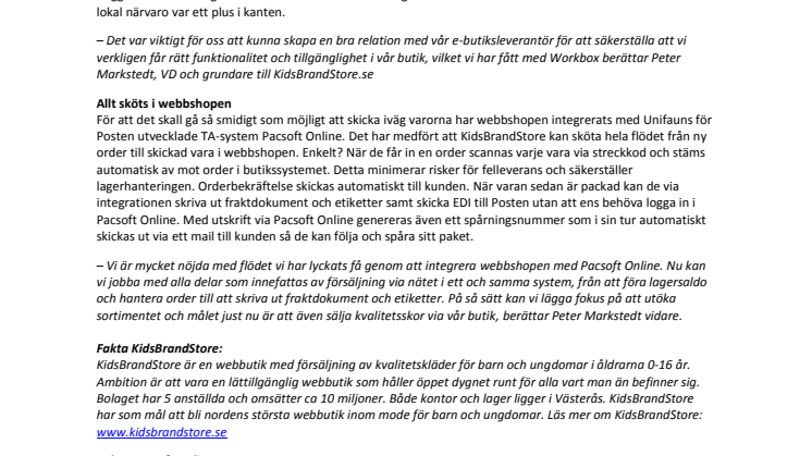 KidsBrandStore.se satsar på tillgänglighet och kvalitet med hjälp av Workbox och Pacsoft Online