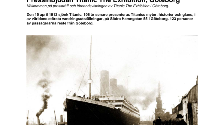 Pressinbjudan Titanic The Exhibition, Göteborg