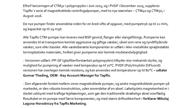 Tapflo introducerer de to største magnetdrevne centrifugalpumper