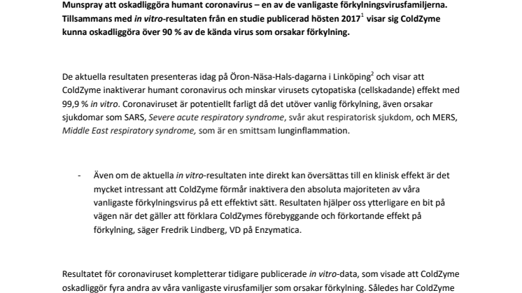 Nya resultat från Enzymaticas in vitro-studie: ColdZyme inaktiverar även coronavirus