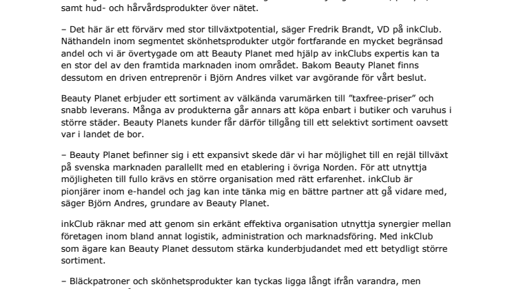 inkClub förvärvar e-butiken Beauty Planet