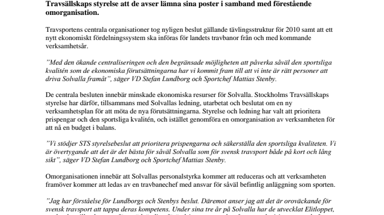 VD och Sportchef lämnar Solvalla 