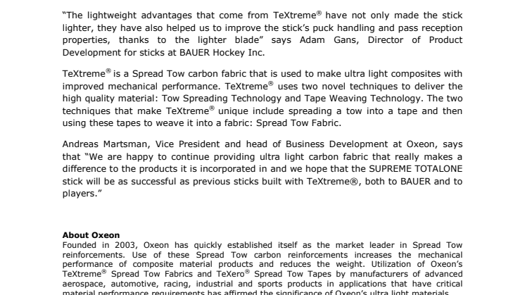 TeXtreme® Spread Tow Fabrics featured in new BAUER SUPREME TOTALONE ice hockey stick