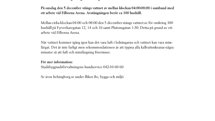 Vattenavstängning onsdag den 5/12