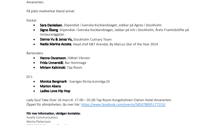 Clarion Hotel Amaranten hyllar kvinnliga talanger i en Lady Soul Take Over 