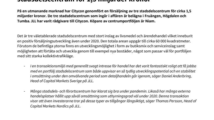 JLL rådgivare till Citycon vid försäljning av tre stadsdelscentrum för 1,5 miljarder kronor